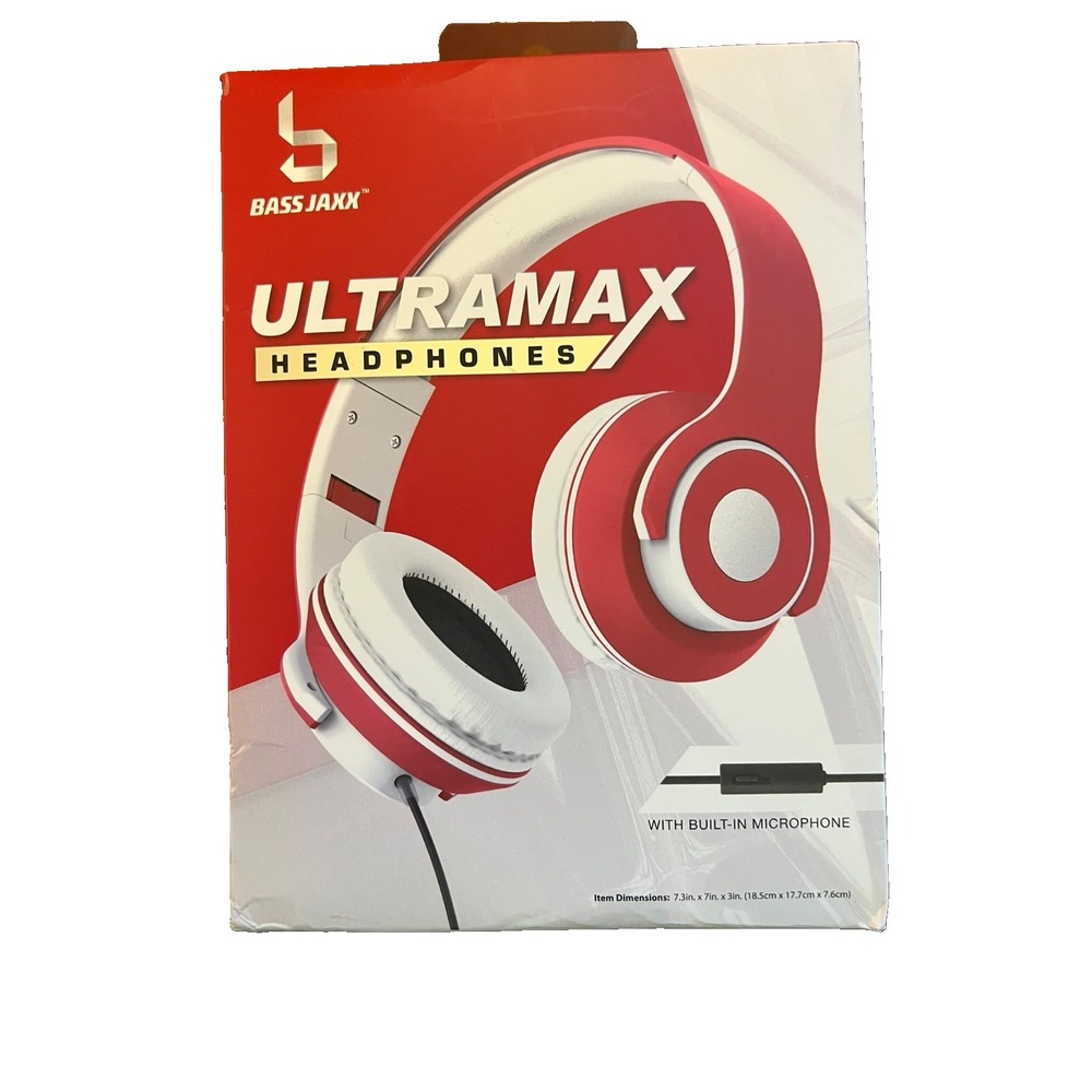 Bass Jaxx Ultramax Wired Over-Ear Headphones w/ Microphone Red & White